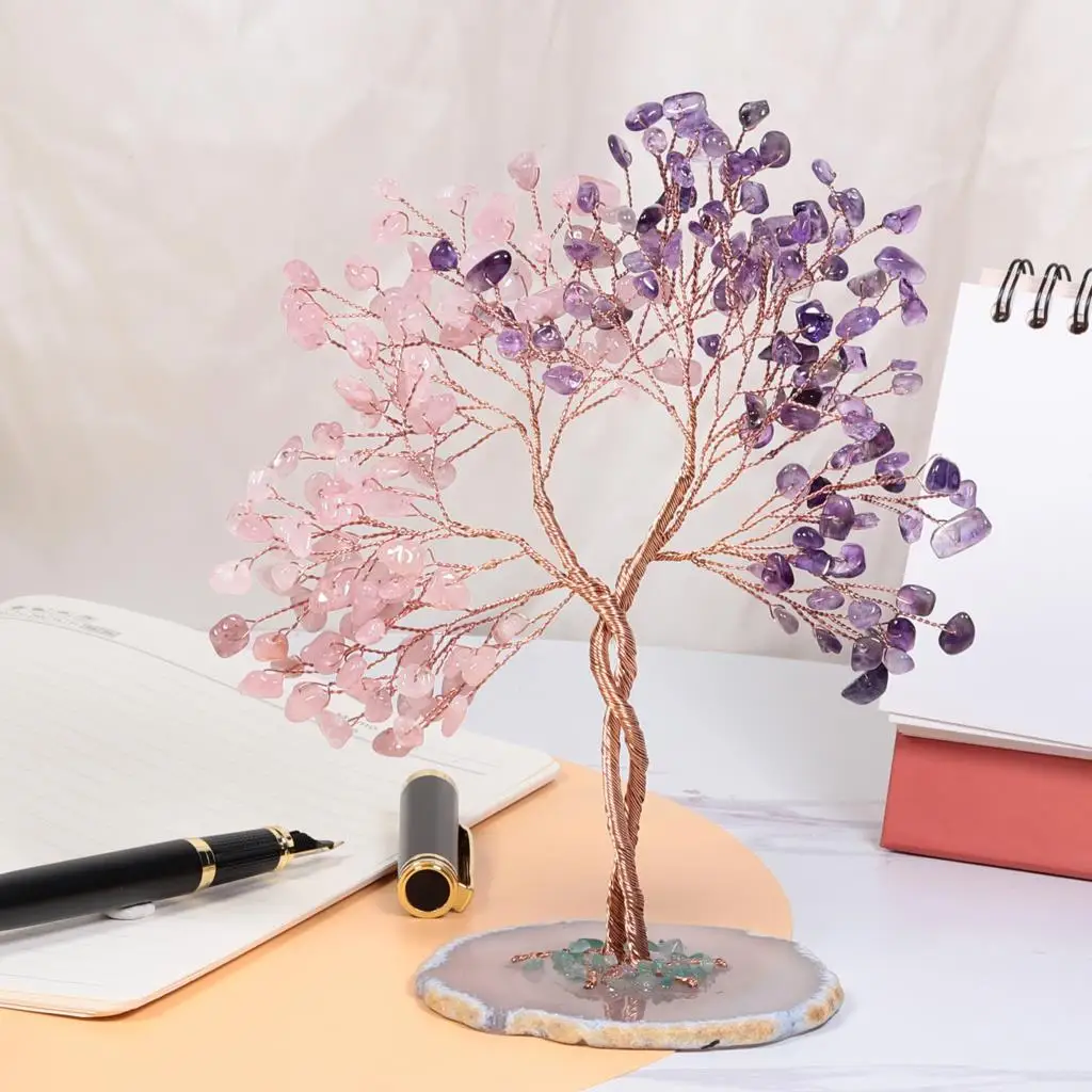 Imagem -06 - Artesanal de Quartzo Rosa e Água Marinha Árvore de Cristal com Ágata Slice Base Lucky Money Tree Feng Shui Home Decor