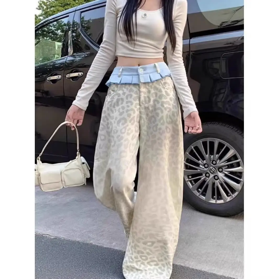 Small Skirt Contrasting Color Splicing Straight Jeans 2026 Design Sense Drape Loose Leopard Print Floor Pants