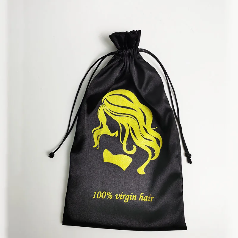 50PCS Luxury Black Satin Bags Packaging Hair Wig Extension Gift Bag Custom Logo Drawstring Bags 18x30/30x40cm Storage Pouch