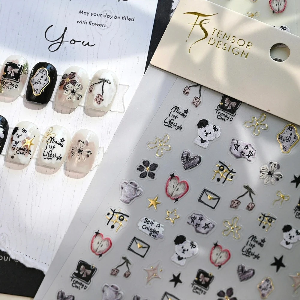 

Black White Graffit Puppy Cherry Bowknot Love Flowers Twisted Clock Gold 3D Self Adhesive Nail Art Stickers Chic Manicure Decals