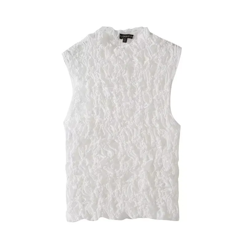 

New Summer T Shirt Vest Stand Collar Elegant Vest for Women New Summer Sun Protection Loose Lace Waistcoat Tops Female Vintage