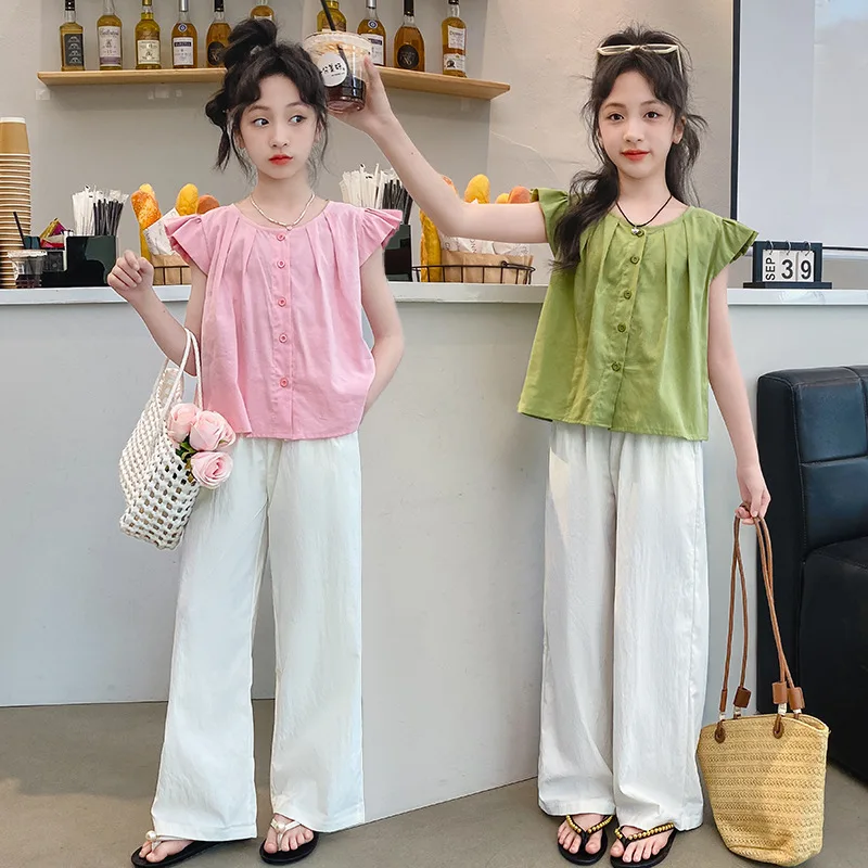 

Summer Girls Clothes Small Flying Sleeve Tops + Loose Pants Outfits Elegance Children Clothing Sets Teenager Kids Tracksuit