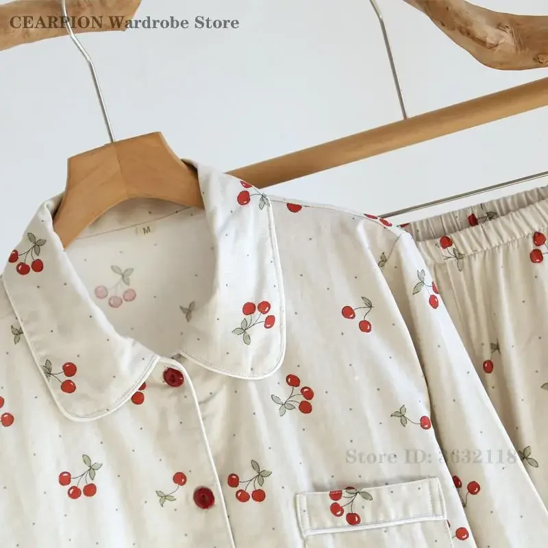Sweet Cherry Long Sleeved Trouser Pyjamas Suit Spring Autumn Cotton Sleepwear Loungewear Loose Casual Home Clothes Pajama Set 6
