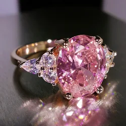 Pink Zircon Big Oval Stone Ring Female Shining Crystal Engagement Rings For Women Vintage Rose Gold Silver Color Wedding Jewelry