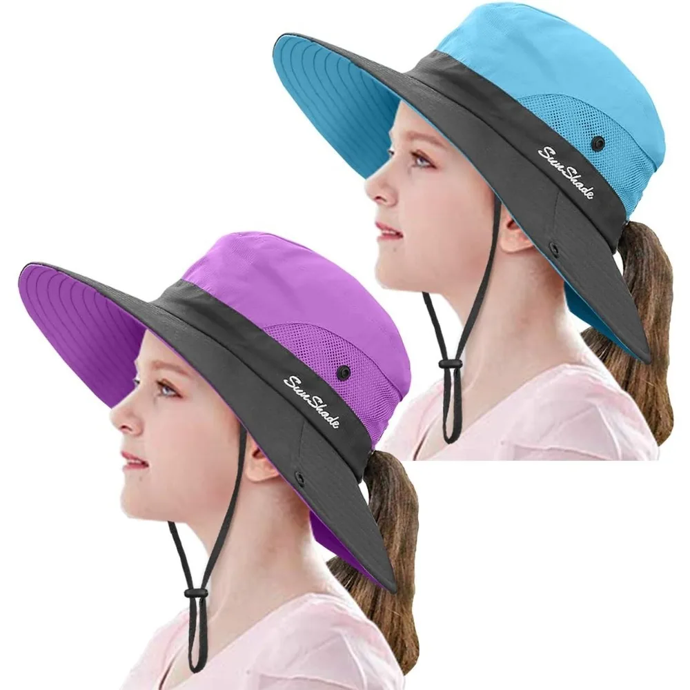 

2 Pieces 5-14Y Kids Summer Sun Hat Wide Brim UV Protection for Girls Ponytail Beach Bucket Cap