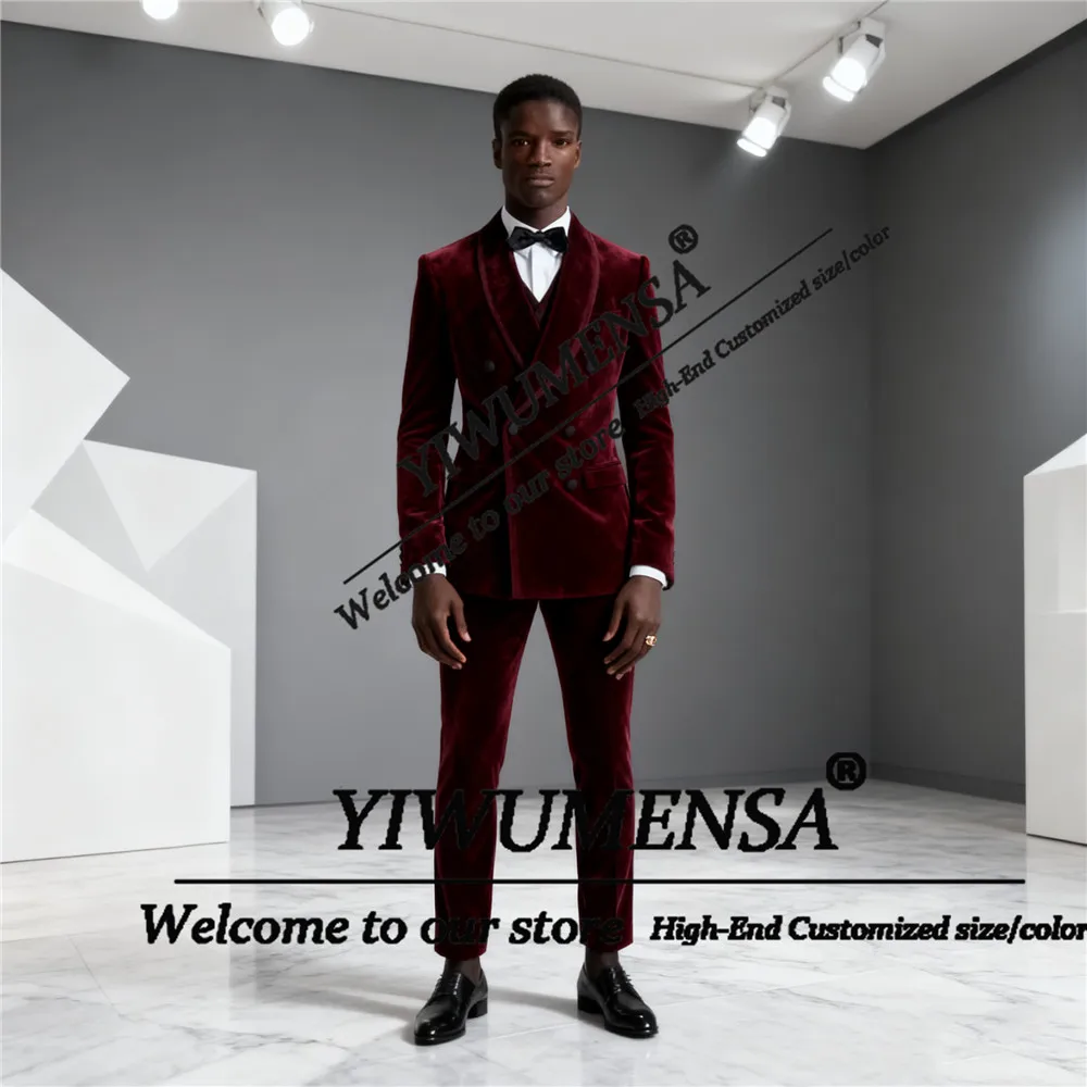 Unique Design Groom Wedding Suit Attire For Men Velvet Double Breaasted Prom Blazers Customized 2 Pieces Man Outfits Tuxedos