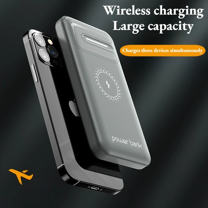 

Wireless Charging Large Capacity Portable Power Bank Compact Airplane-Friendly Battery Pack, Charges 3 Devices Simultaneously