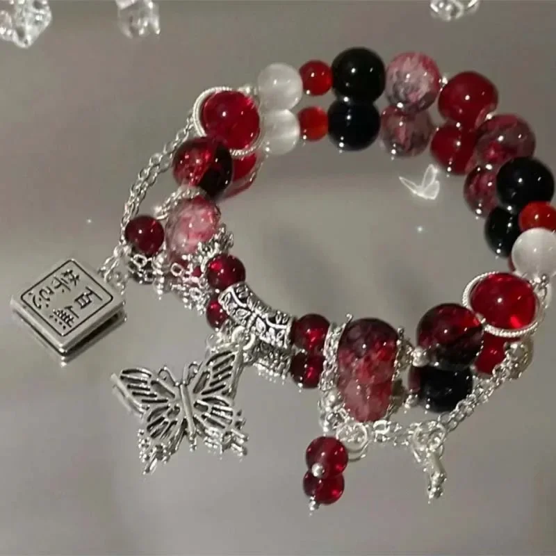 Fashion Vintage Red Beaded Chain Bracelet for Women Butterfly Pendant Charm Bracelets Anime Tian Guan Ci Fu Jewelry Accessories