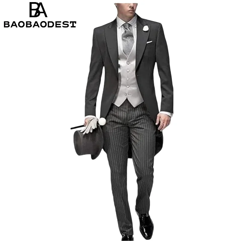 

Men's 3-Piece Black Morning Suit | Slim Fit Groom Tuxedo Set (Blazer+Vest+Pants) for Formal Weddings Classic Weddings