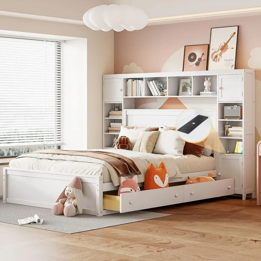 Cama Con cabecero de librería, cama de plataforma tamaño Queen con 4 cajones de almacenamiento, marco de cama de matrimonio de madera maciza con gabinete