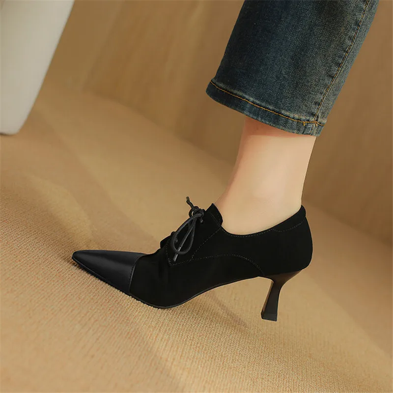 New Spring Autumn Genuine Leather Lace High Heels Women Pointed Toe Shoes for Women Comfort Women Pumps Zaptos Mujer Black Brown