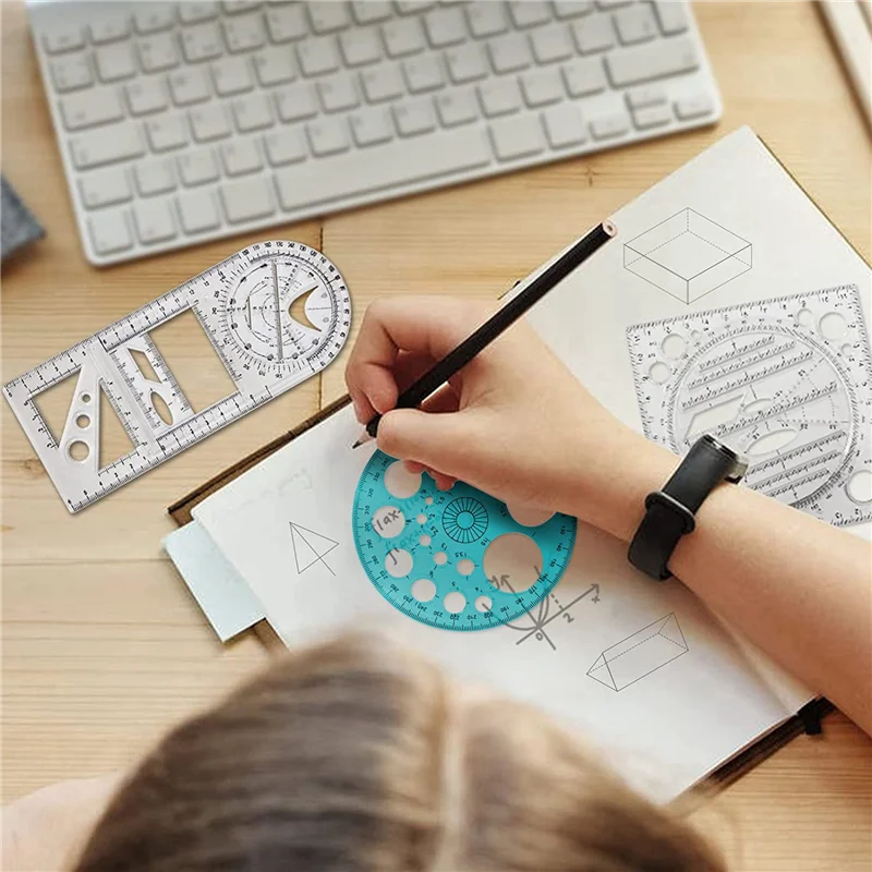 12 Pcs Multifunctional Geometric Ruler Drawing Tools Plastic Ruler Set Mathematics Measuring Circle Drawing Rulers
