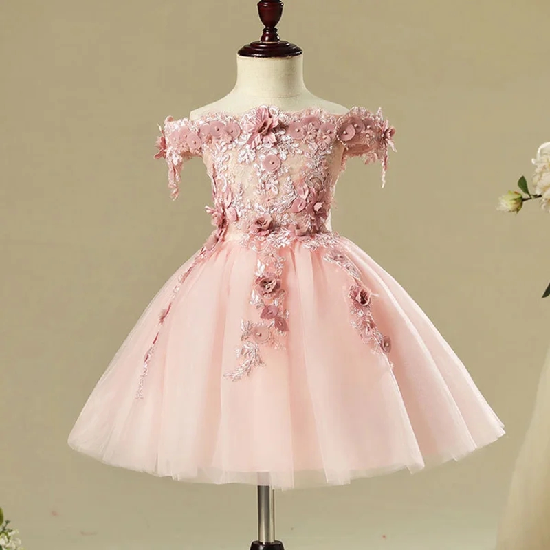 Flower Girl Bead Decoration Long Dress New Girl Wedding Party Exchange Dress Ball Beauty Sexy Shoulder DressCommunion