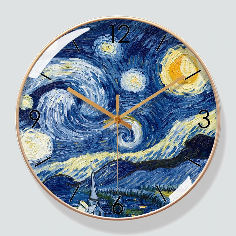 

Wall Clock Modern Simple Van Gogh Starry Sky Decoration Light Luxury Creative Clock Living Room Decoration Silent Radio Clock