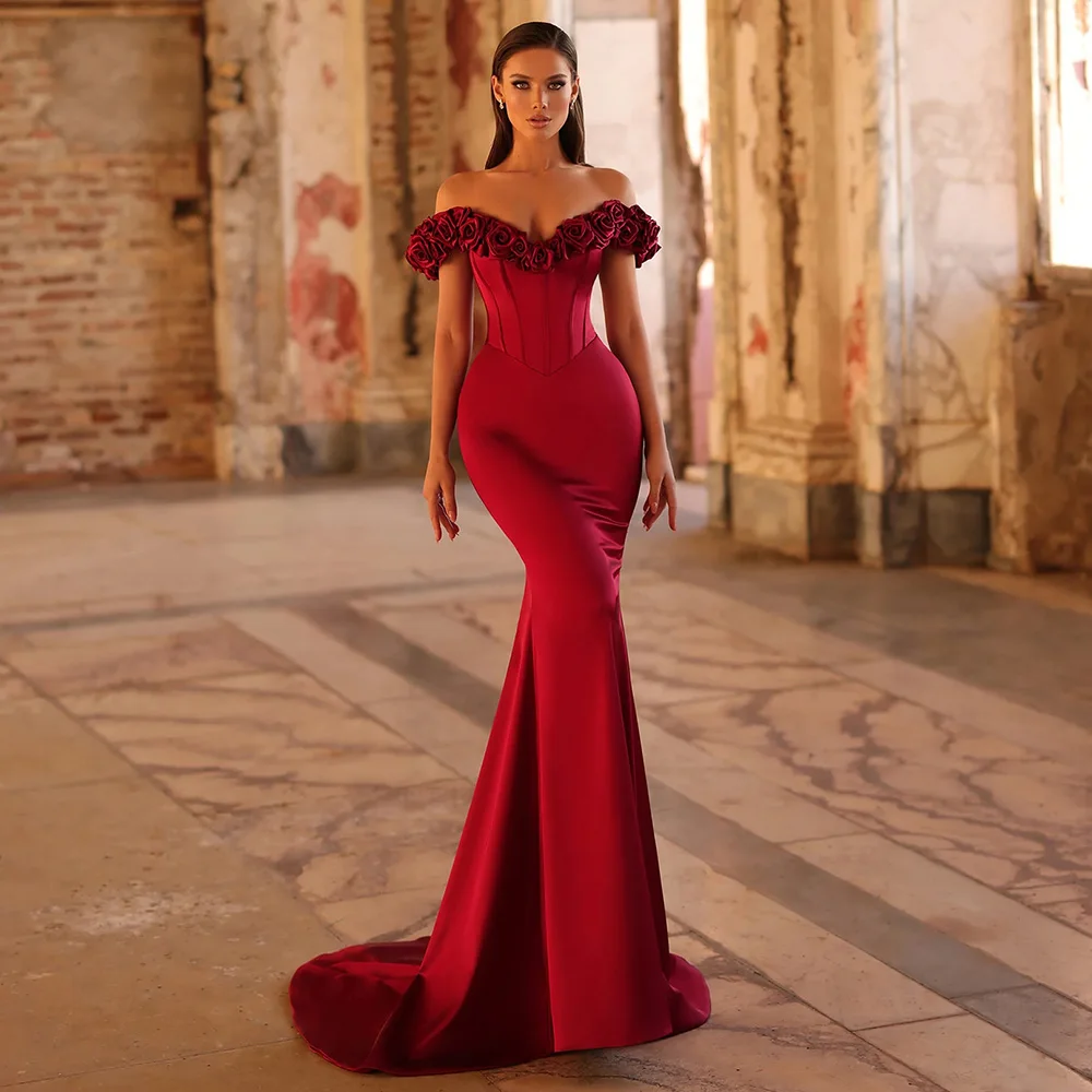 

Роскошное вечернее платье с открытыми плечами, атласное вечернее платье русалки с 3D цветами, длинное вечернее платье без рукавов с v-образным вырезом и трубой