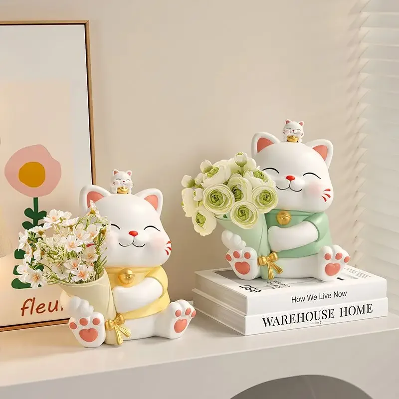 Cartoon Wealth Attracting Cat Bouquet Ornament,Living Room TV Cabinet Foyer Desktop Storage,Morandi Color Scheme Vase Decoration