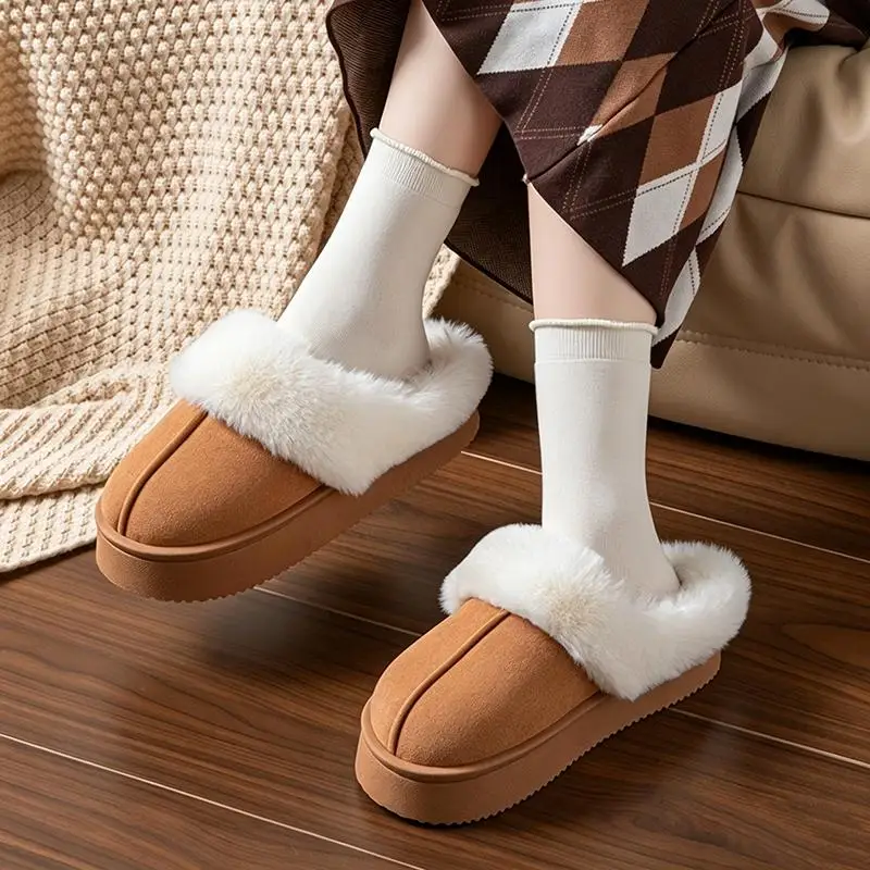 Flauschige Pelz-Mules mit dicker Sohle für Damen, Winter 2026, warme kurze Plüsch-Outdoor-Hausschuhe, Marken-Wildleder-Baumwollschuhe für Damen – Detail 6