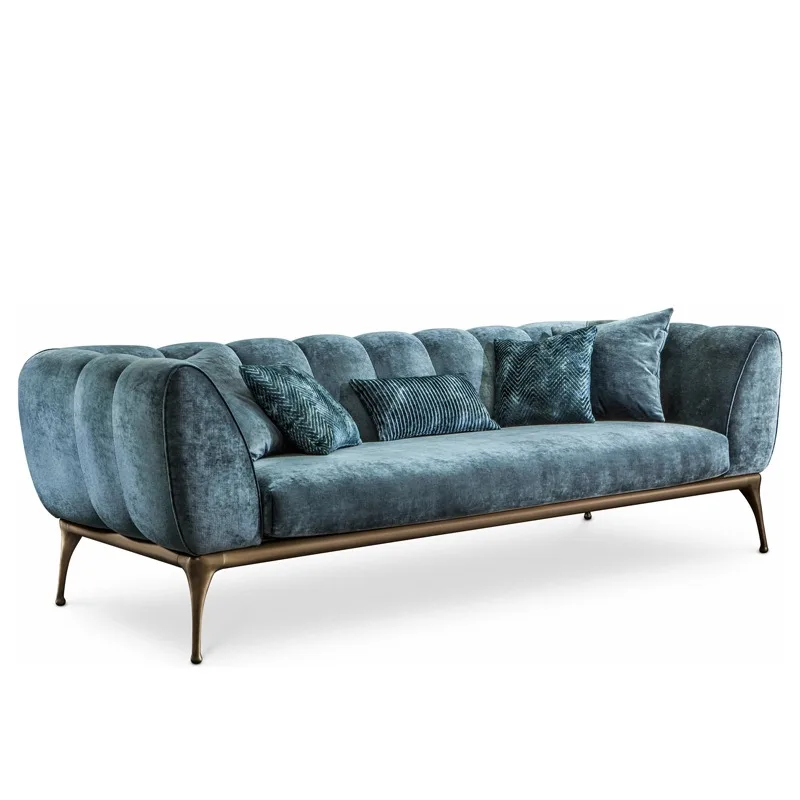 Peacock Blue Chenille Living Room Sofa Velvet Arm Sofa Vintage Bronze Base Flat Home Triple Sofa