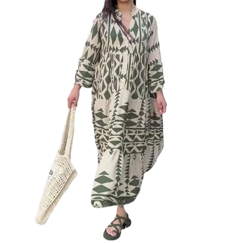 여성용 롱 프린트 드레스 루즈 웨이스트 폴리에스터 원단 레귤러 슬리브 A라인 스커트 비즈니스 슈트