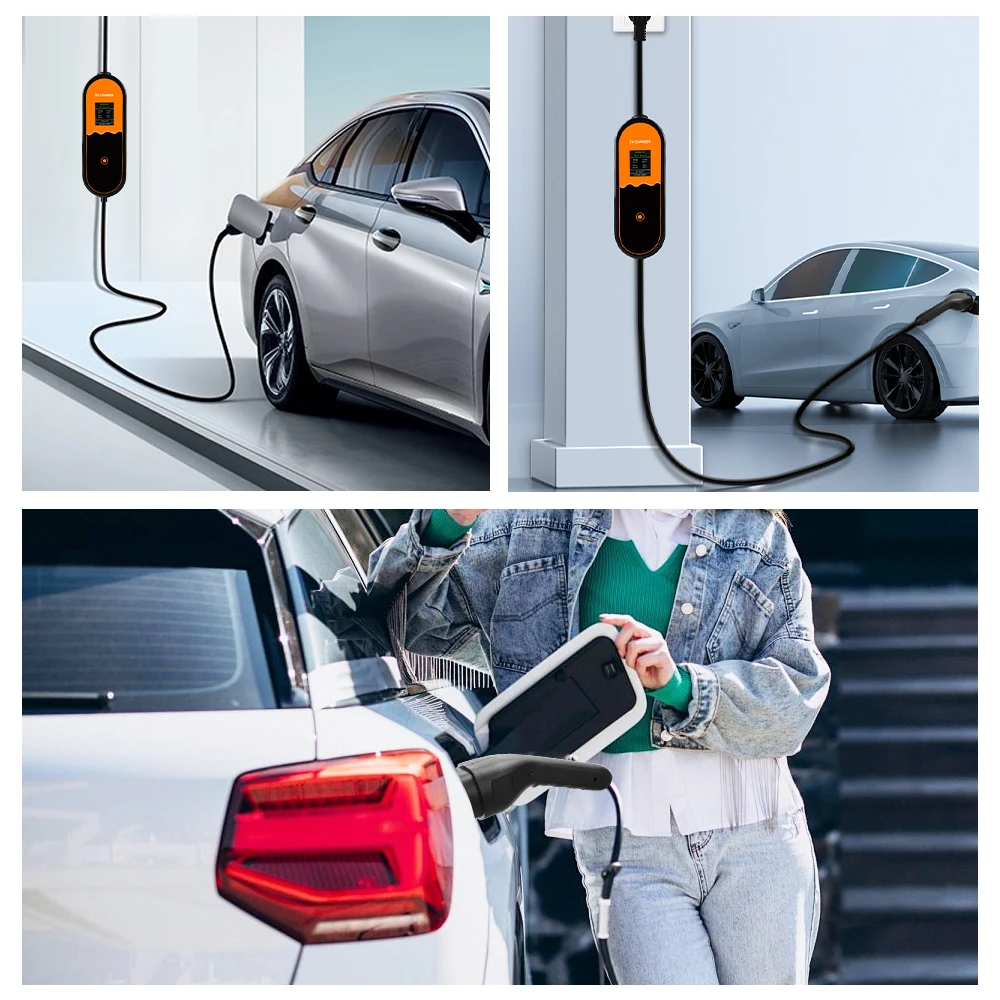 Portable 16A Type2 EV Charger 3.5KW 1Phase EU Plug EVSE Touch Button Current Adjustable Electric Car Charging Accessories