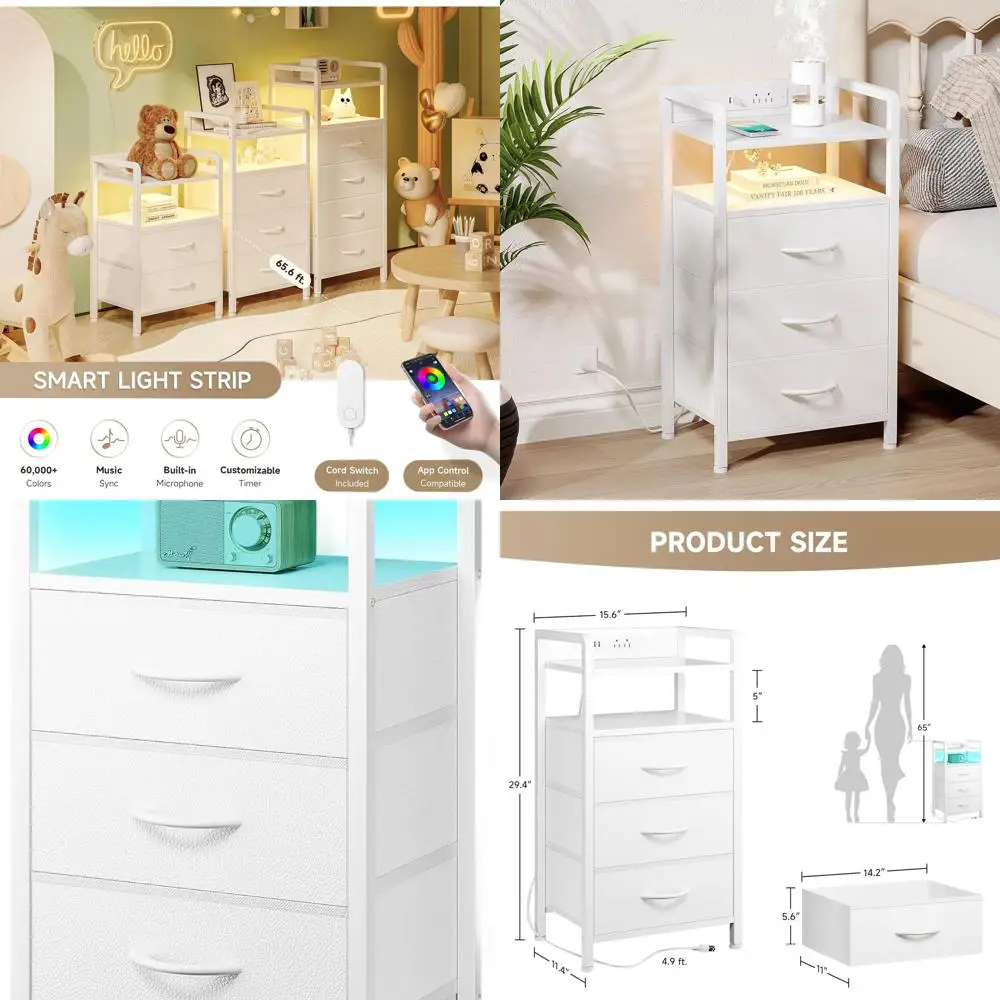 

Bedside Table with Charging Station, LED Light, USB & AC Outlets, 3-Drawer Storage, White