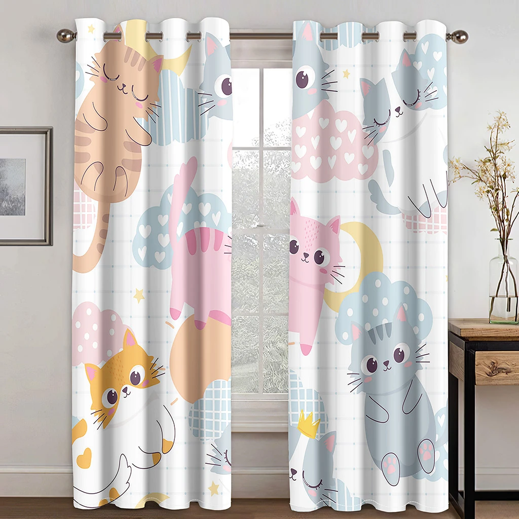 

Cartoon Animal Cat Floral Flying Crane Curtain Suitable For Children Living Room Kitchen Bedroom Balcony Window Decor 2 Panels