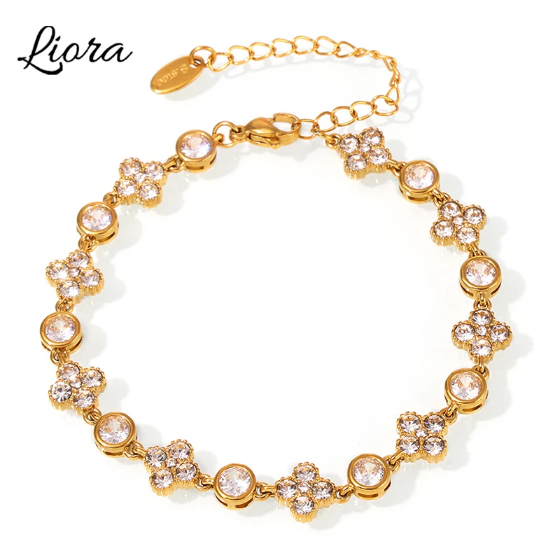 

Liora 16CM Bling Cubic Zirconia Flower Charm Bracelets For Women Golden Stainless Steel Wrist Chain Bracelets Waterproof Jewelry