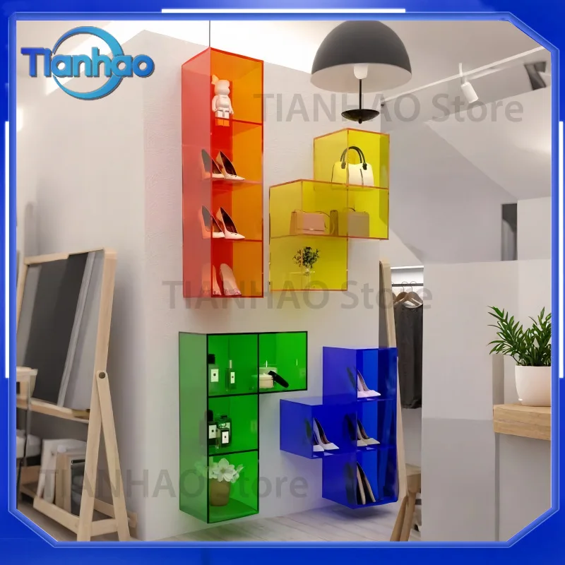 Acrylic Display Cabinet Wall Mounted Shelf Bookshelf Figurine Showcase Rack for Clothing Store Shoes Bags Display