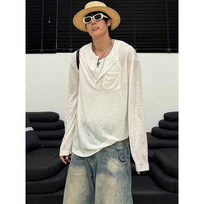 New Summer Men's Lyoce Long-sleeved T-shirt Loose Drape Trendy Youth T-shirt