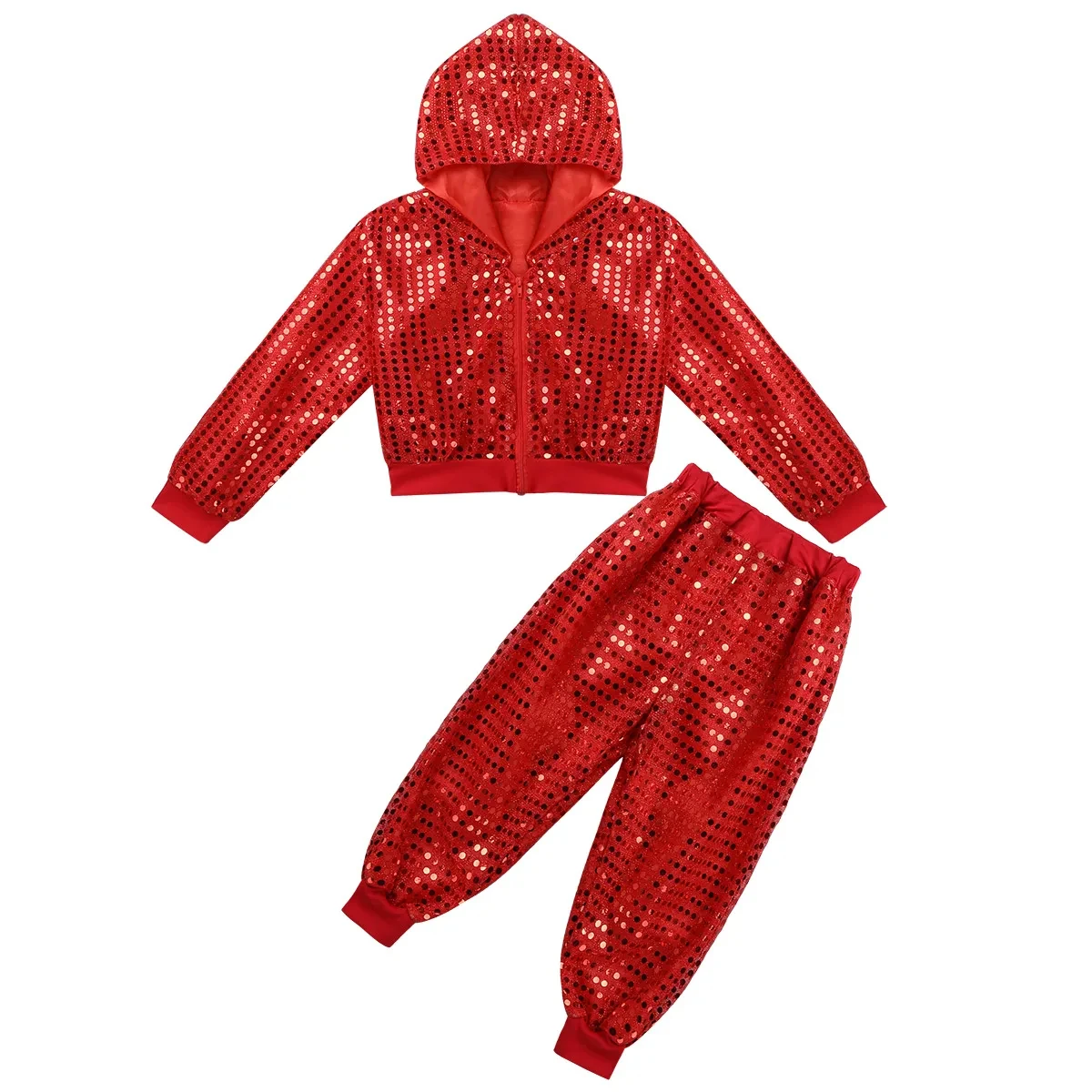 Mädchen Hip Hop Jazz Dance Outfits Pailletten Abgeschnitten Kapuzenjacke Hosen Set Kinder Street Dance Cheerleading Performance Kostüme