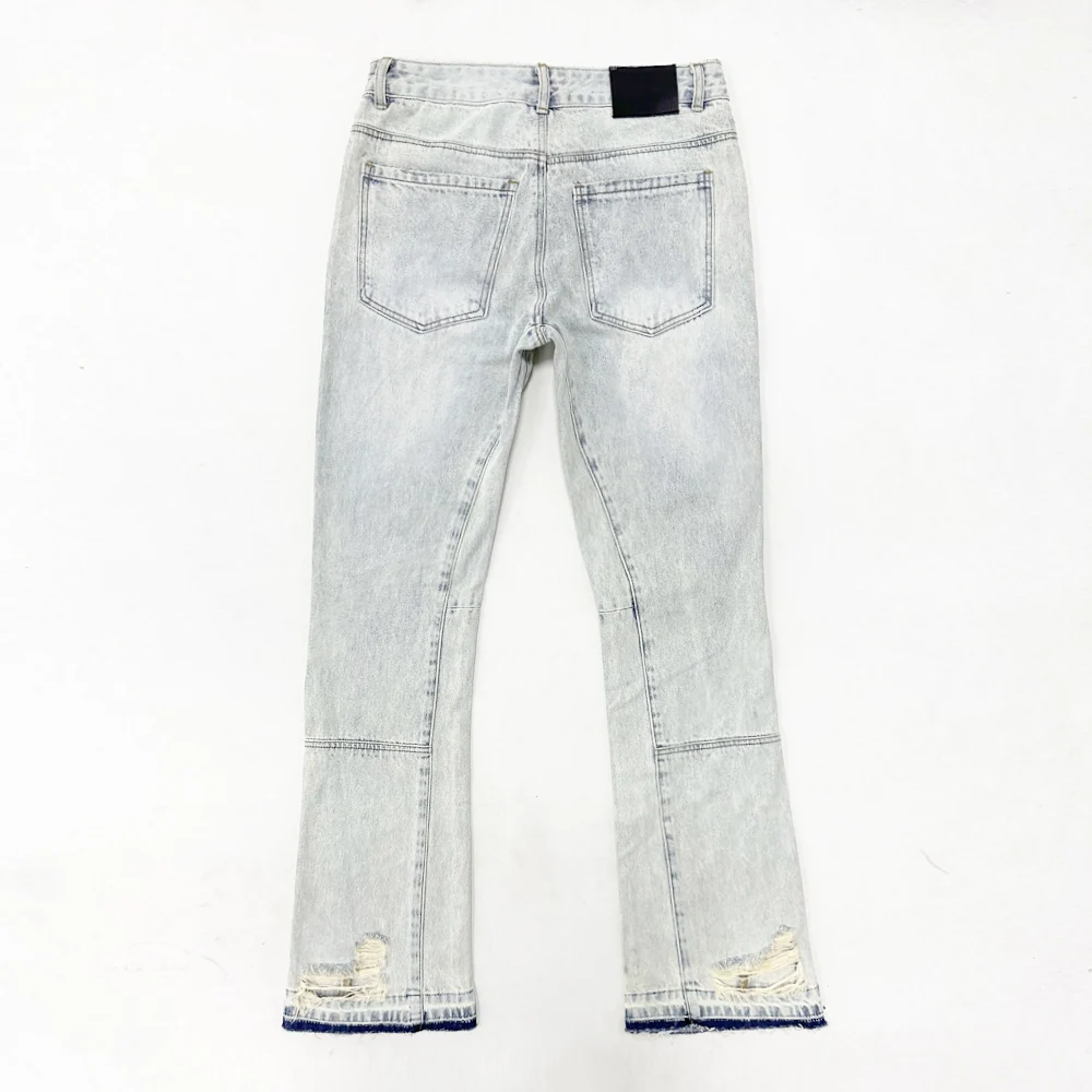 American 100% Cotton Men's Flared Jeans Letter Print Open Hem Denim Pants  Heavy Weight Ripped On Knee Male Trousers