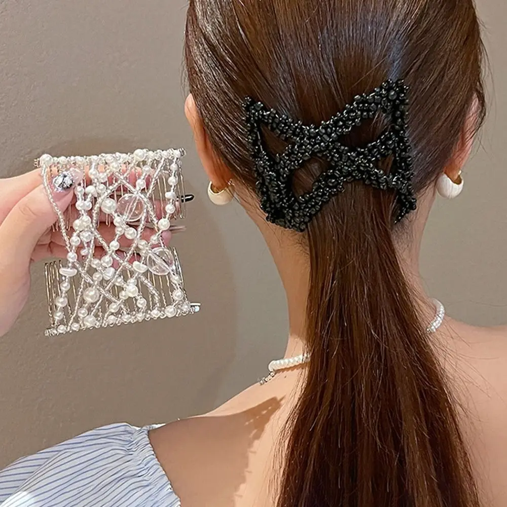 New Plastic Pearl Elastic Hair Hairpin Butterfly Rhombus Double Side Bun Hair Styling Tool Fancy Clip Combs Girl