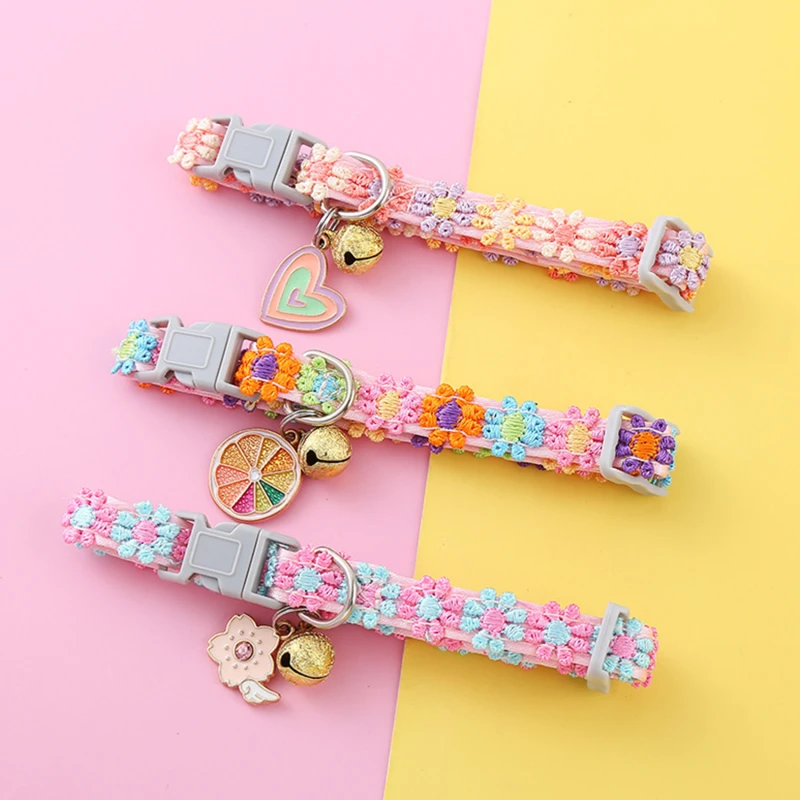 Fashion Rainbow Flower Cat Collar With Bell Kitten Puppy Necklace Adjustable Buckle Colorful Lace Kitten Collar Dog Accessories