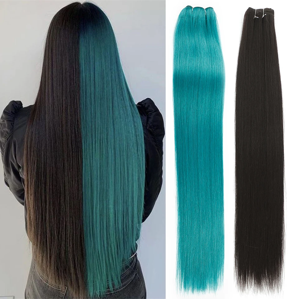 Straight Hair Bundles Extensions Smooth Ombre Hair Weaving 36Inch Super Long Synthetic Straight Hair Bundles Full to End