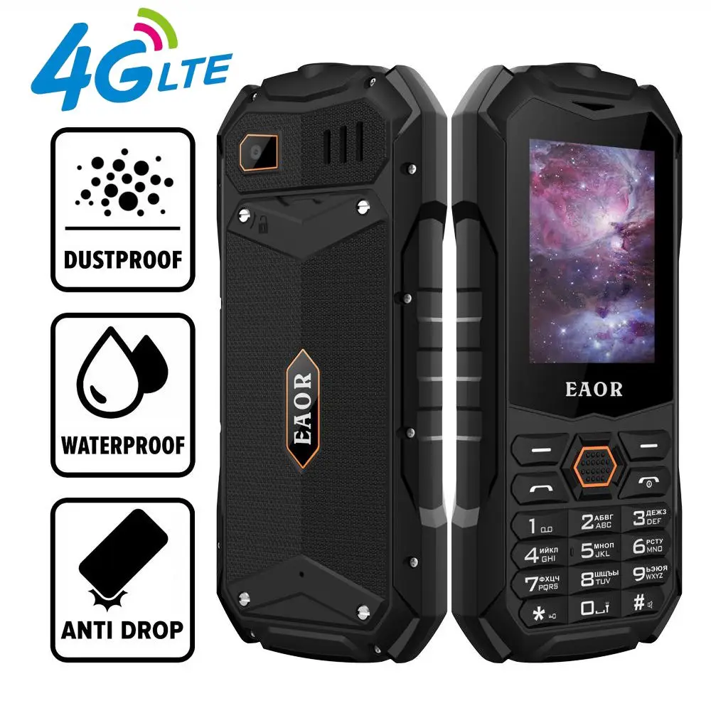 EAOR 4G/2G Slim Rugged Phone IP68 Real Three-Proof Feature Phone Big Battery Dual SIM Keypad Phones with Glare Torch Telephone