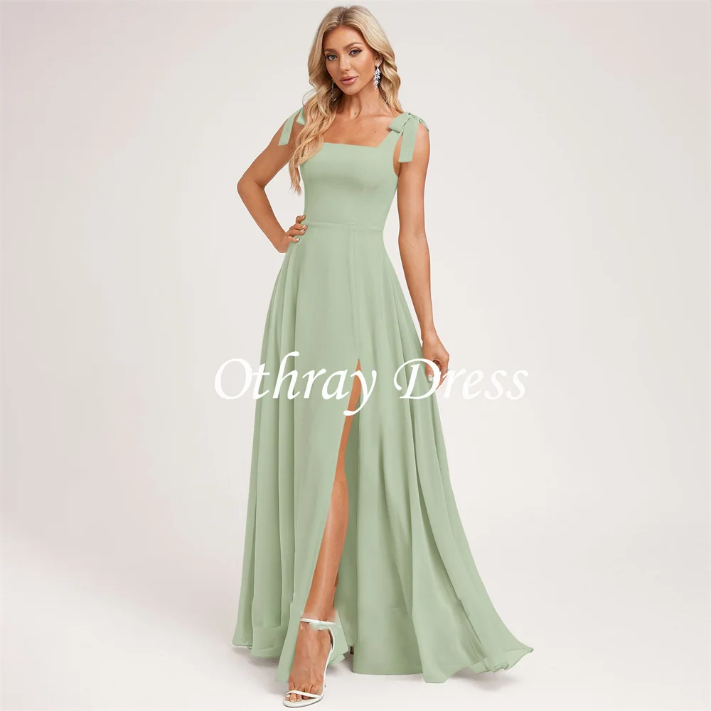 New A-line Bridesmaid Dress Square Neck Prom Dresses Chiffon Slit Party Dresses With Bow Vestidos De Fiesta فساتين السهرة