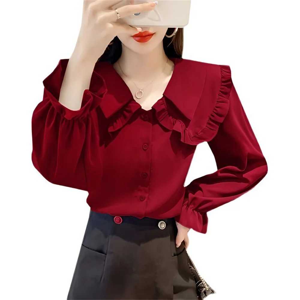 Primavera Autunno 2025 New Fashion Colletto Manica lunga Camicette tinta unita Abbigliamento donna Volant Bottoni Camicie larghe dolci