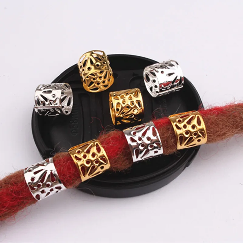 10Pcs Rohr Perlen Goldene Silber Ringe Für Zöpfe Schmuck Ring Furcht Dreadlock Perlen Einstellbare Braid Manschetten Hohl Haar Perlen
