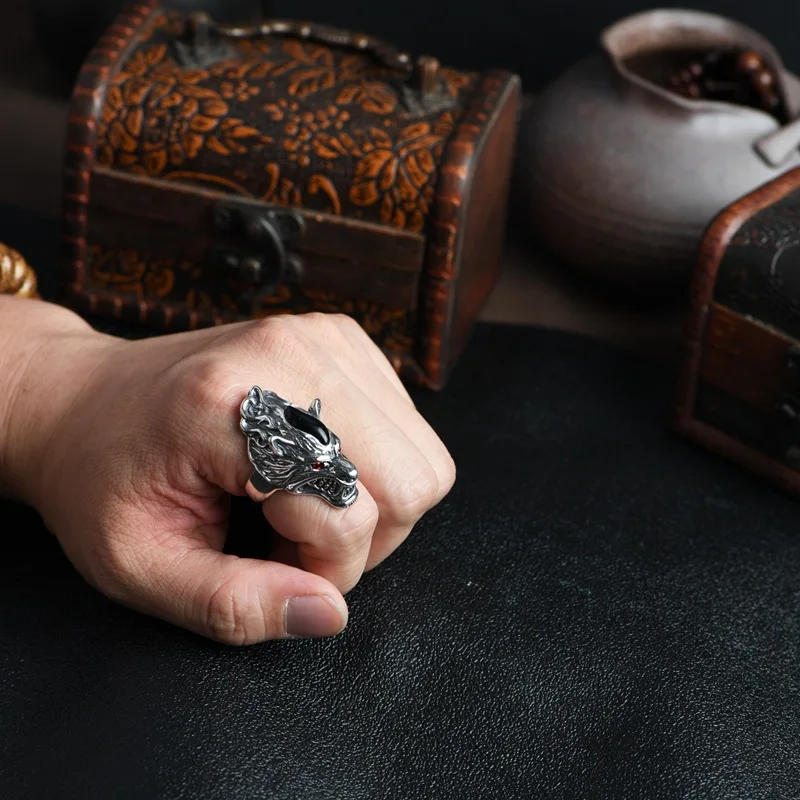 silver 925 stereoscopic carved handsomewolf head mens rings domineering trend rough retro black agate ring banquet jewelry gift view 5