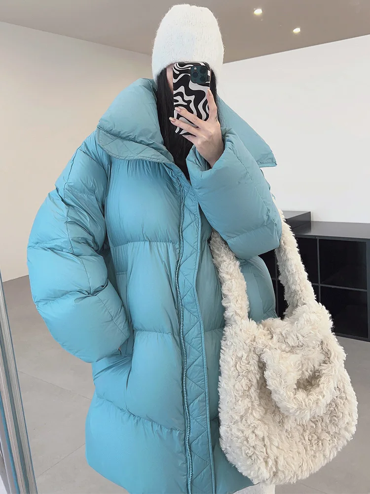 Winter New Thick White Duck Down Medium Length Women Fluffy Korean Light Weight Stand Collar Warm Puffer Jacket Female Coats