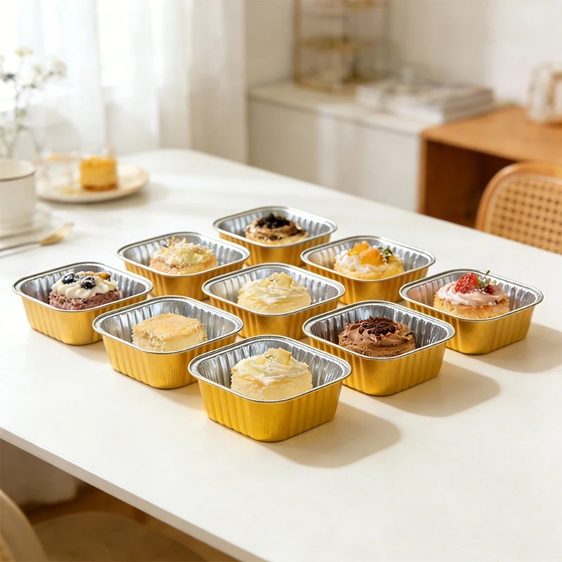 

50/100/200pcs Pack Gold Foil Containers 150ml Square Aluminum Foil Cake Cups Disposable Baking Pans for Party Dessert