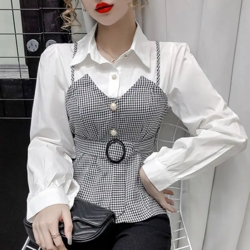 Women\'s Versatile Temperament Top 2023 Autumn and Winter New Fashion POLO Collar Splice Buttons Up Commuting Long Sleeved Shirt