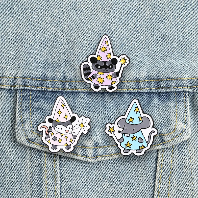 Wizard Animal Badge Skunk Mouse Raccoon Magician Enamel Pins Magic Wand Star Hat Cartoon Brooch Accessories Decor Gift