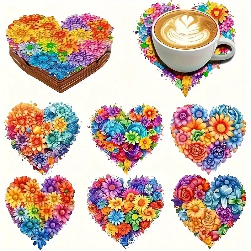 6 Stück 2D herzförmiger Holzuntersetzer, Farbdruck, rutschfest und verbrühungshemmend, Tischset, Küche, Getränke, Dekor, Café, Geschenke