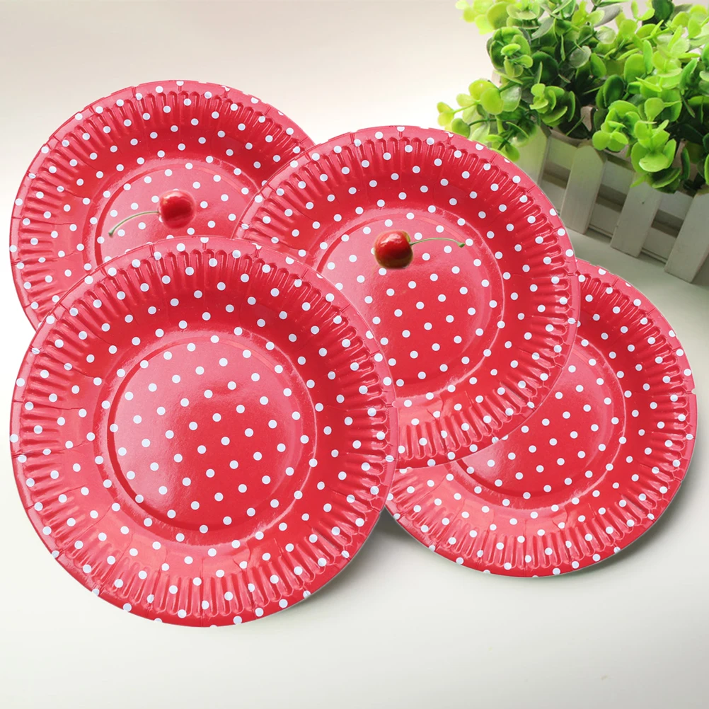 

20pcs 7 Inch Disposable Paper Plates Dot Party Cake Tray Birthday Wedding Holiday Decoration Red Heavy Duty No Lead