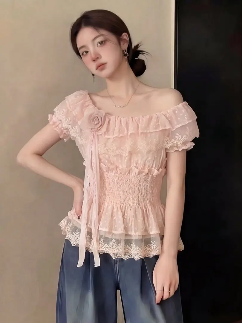 

Chic Lace Doll Shirt Women's Summer Special Folded One Shoulder Waist Inwarded Korean Style Commute Style Short Sleeve