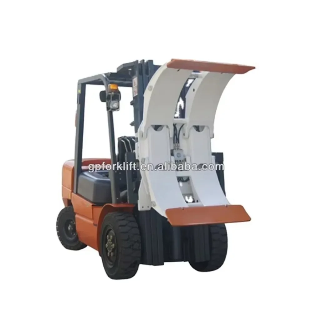 Rotating and revolving forklift paper clamps for lifting drums