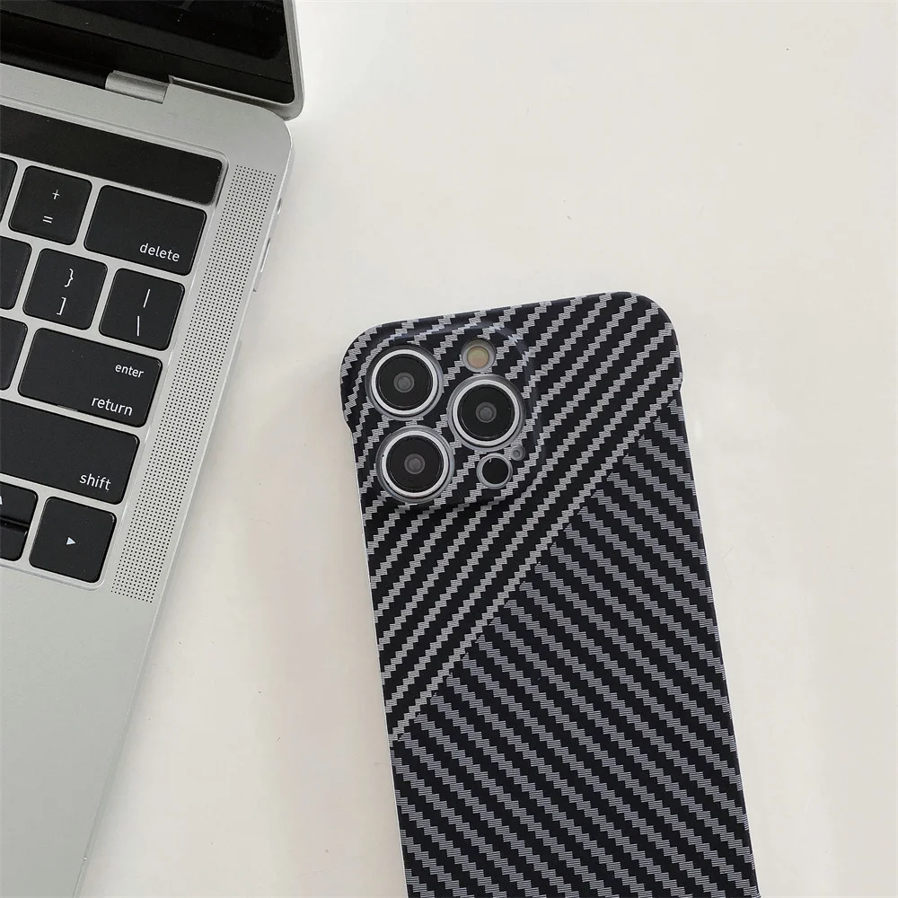 Ultra-Thin Carbon Fiber Texture Borderless Case For iPhone 15 Pro Max 13 12 11 Pro Mini XS XR 7 8 SE 14 Plus Frameless Slim Case
