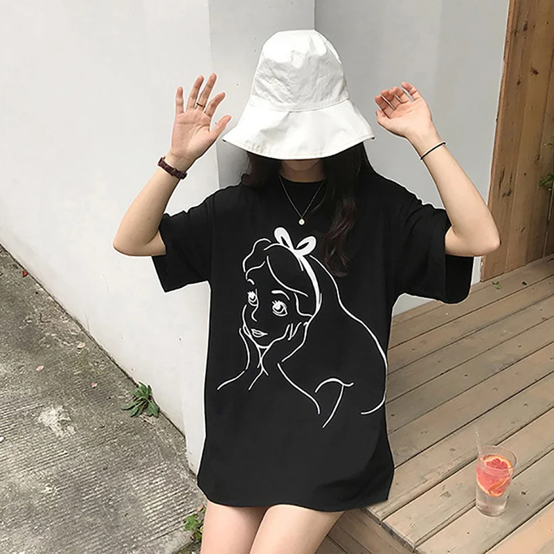 Fashion Summer Women Solid Black White O-Neck Simple Print T-Shirt Short Sleeve Loose Casual Tops Tees Clothes Girl Streetwear