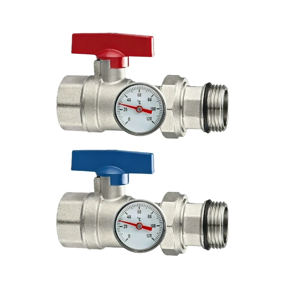 2pcs Ball Valve Set With Thermometer Brass For Heating Circuit Distributor Automotive Hand Tools For Heating System 1 Inch